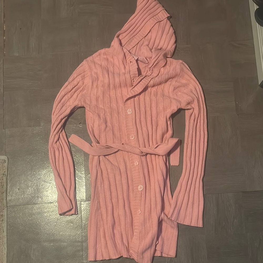 Pink Hooded Cardigan with Belt
